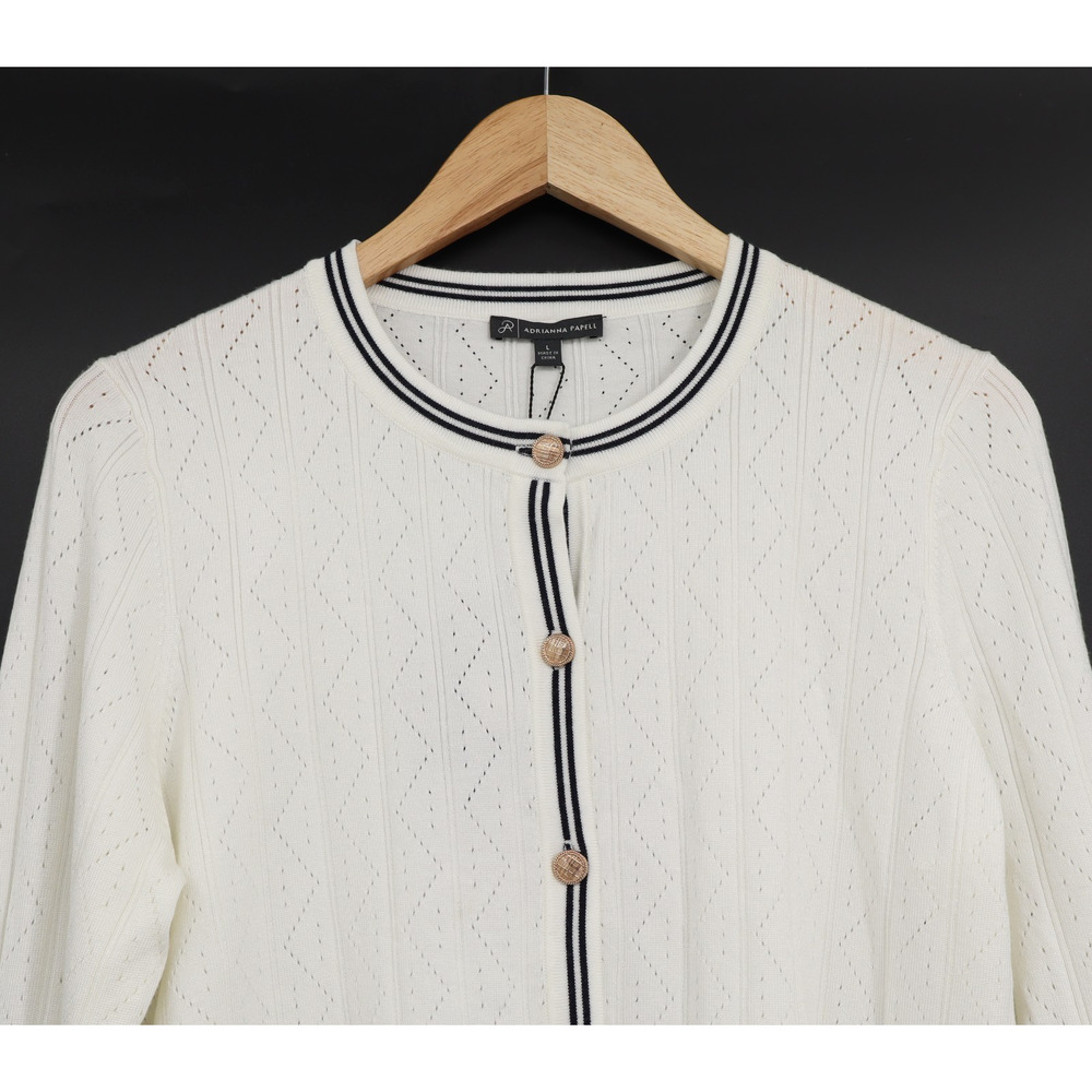 Adrianna Papell NWT Pointelle Sz L Tipped Contrast Knit Cardigan Gold Buttons - Picture 3 of 11